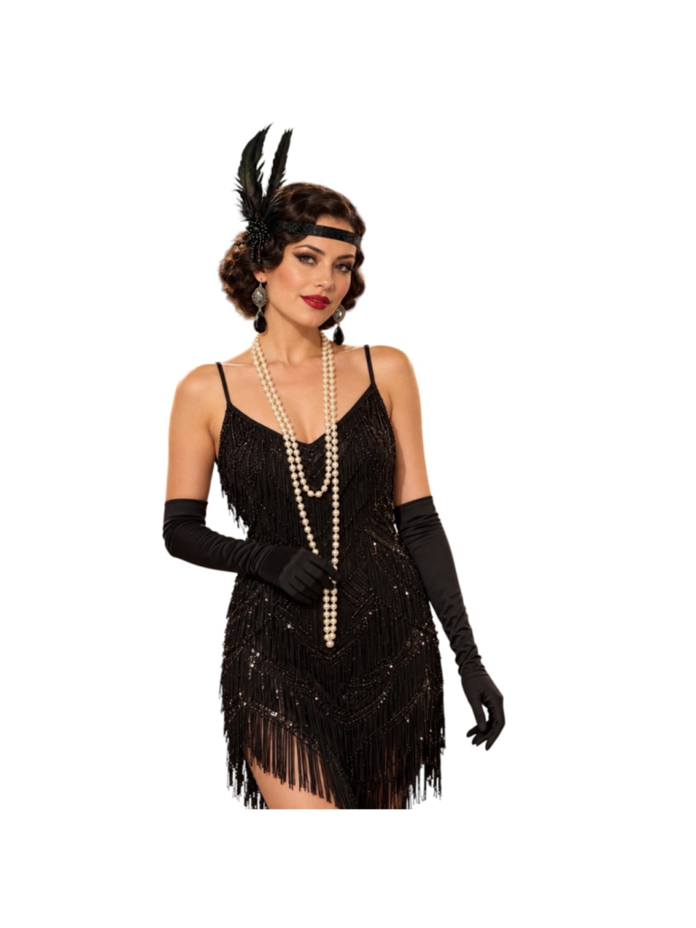 1920s Flapper Accessory Set Black Feather Headband Gloves Pearls Earrings NWOT